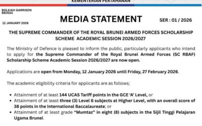 ​SER: 01/2026 MEDIA STATEMENT – THE SUPREME COMMANDER OF THE ROYAL BRUNEI ARMED FORCES SCHOLARSHIP SCHEME  ACADEMIC SESSION 2026/2027